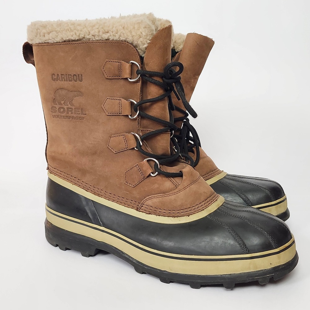 Sorel Caribou Mens Size 16 Leather Waterproof Winter Snow Boots Tan NM1000